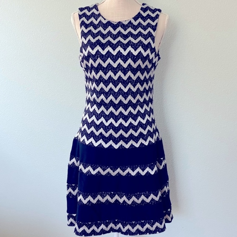 Navy and silver shimmer chevron stretchy party dress, Betsy & Adam size 12